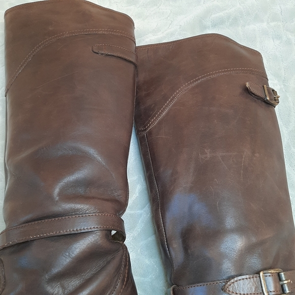 Worn in Frye Dorado Brown Leather Tall Riding Boots with Buckle Details - Picture 10 of 16